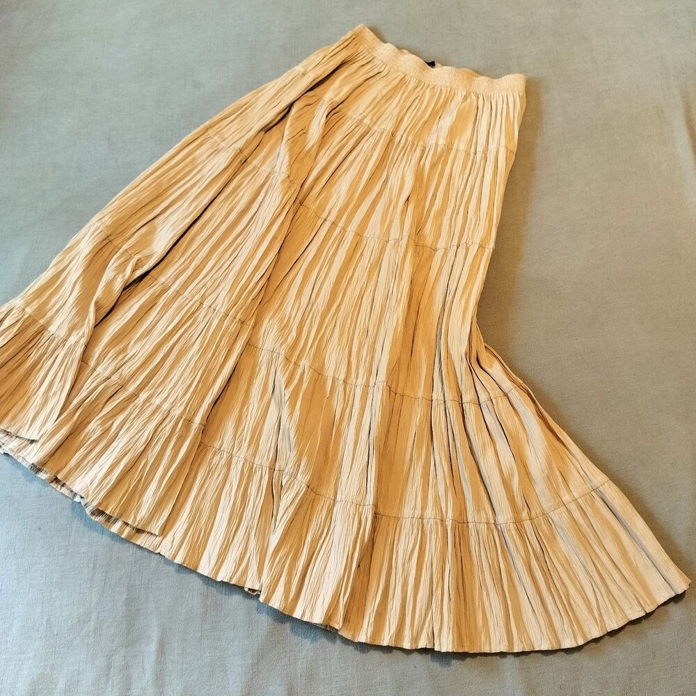 Vtg Koret Tiered Full Maxi Skirt M Crinkle Beige Tan Western Boho Ren Faire